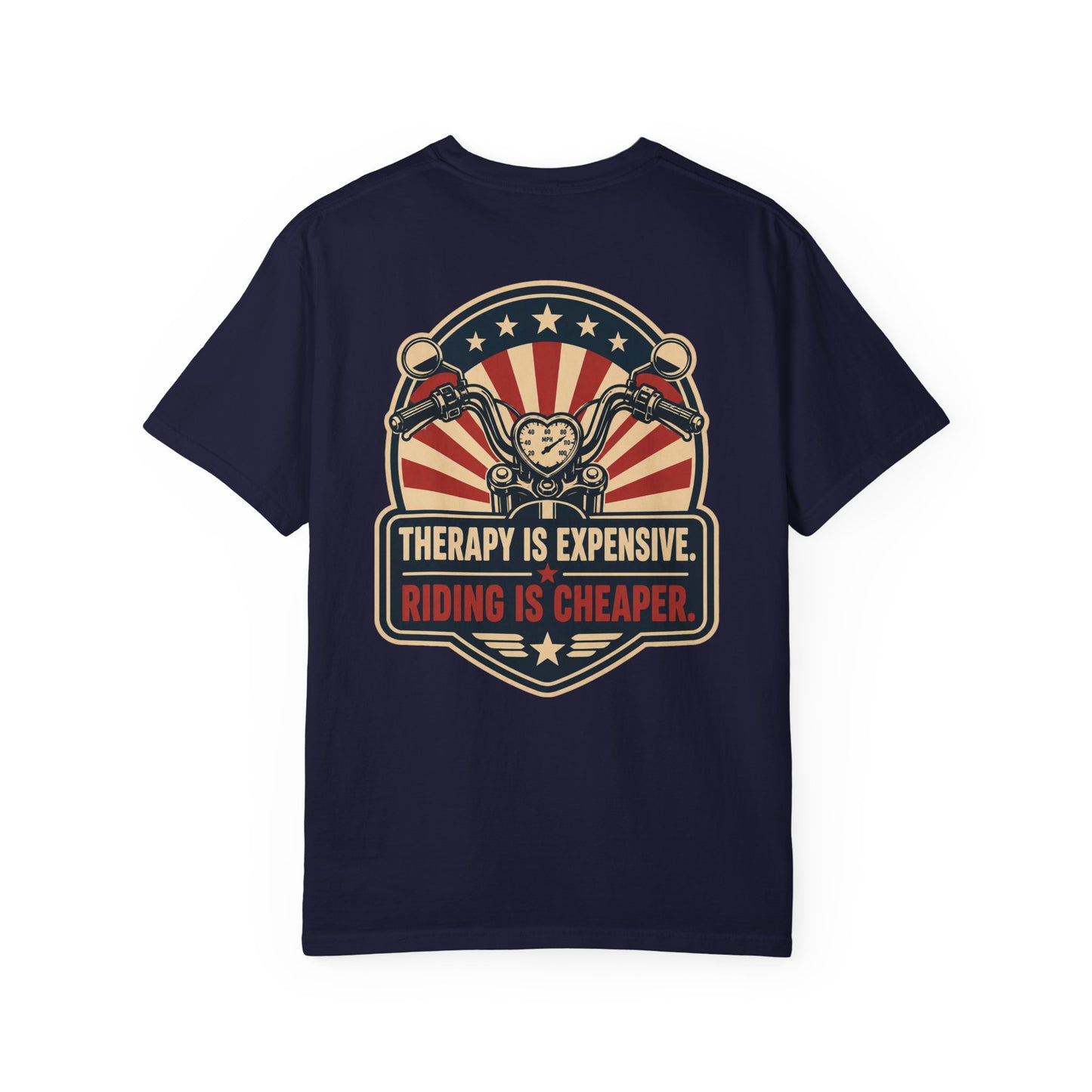 Therapy Is Expensive Riding Is Cheaper T-Shirt | Funny Motorcycle Graphic Tee - Back