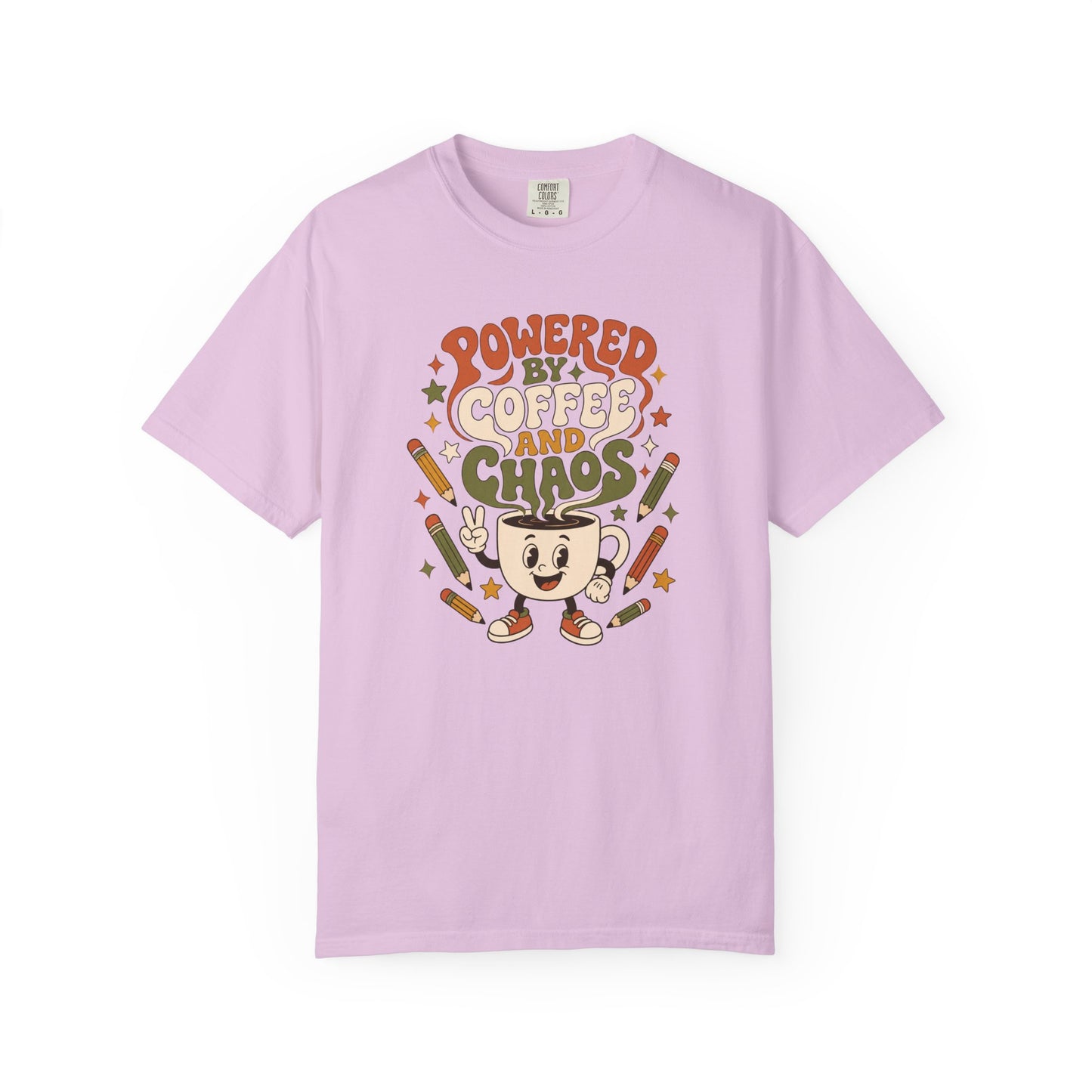 Powered By Coffee and Chaos T-Shirt | Funny Retro Teacher Graphic Tee