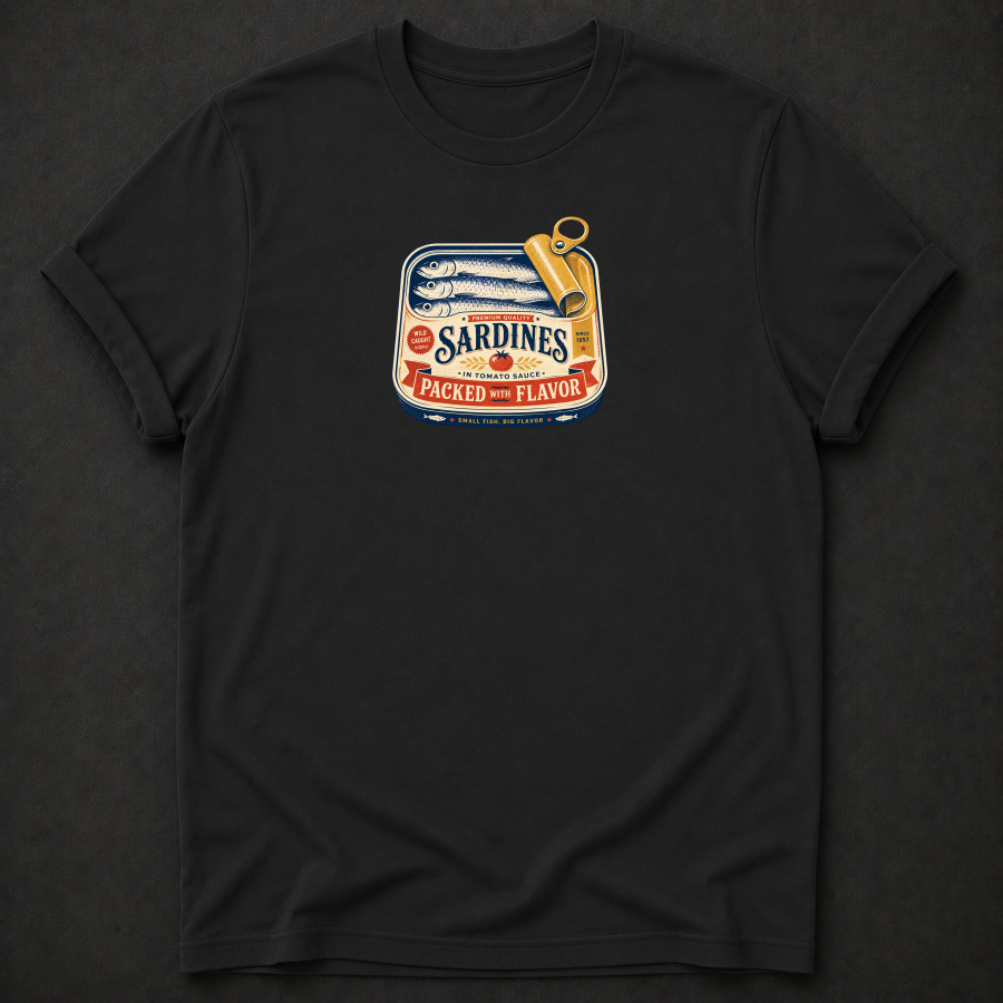 Vintage Sardines "Packed With Flavor" T-Shirt – Retro Canned Fish Foodie Tee