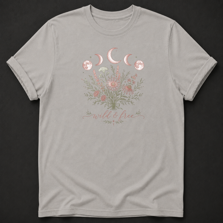 Wild & Free T-Shirt - Moon Phase Botanical Graphic Tee