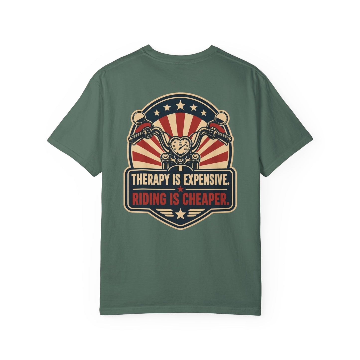 Therapy Is Expensive Riding Is Cheaper T-Shirt | Funny Motorcycle Graphic Tee - Back