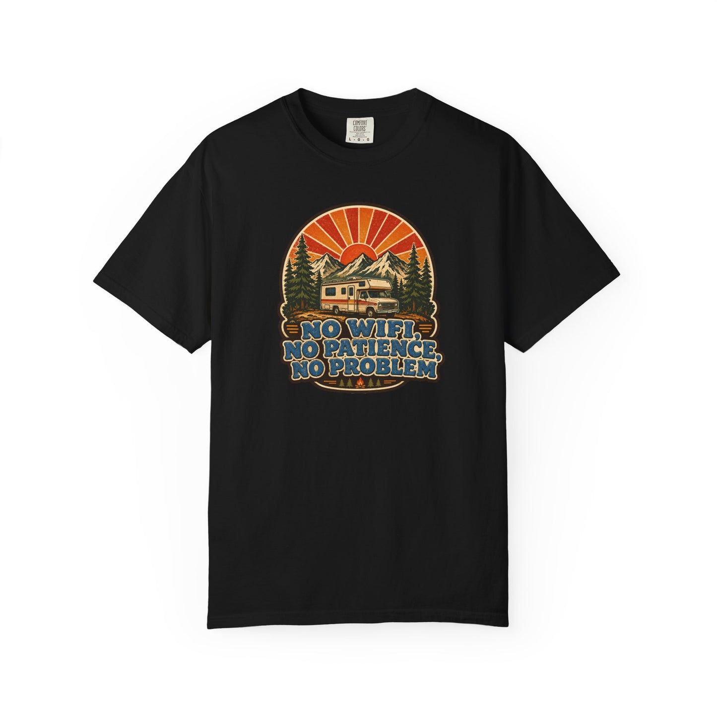 No WiFi No Patience No Problem T-Shirt — Retro Camping Cabin Graphic