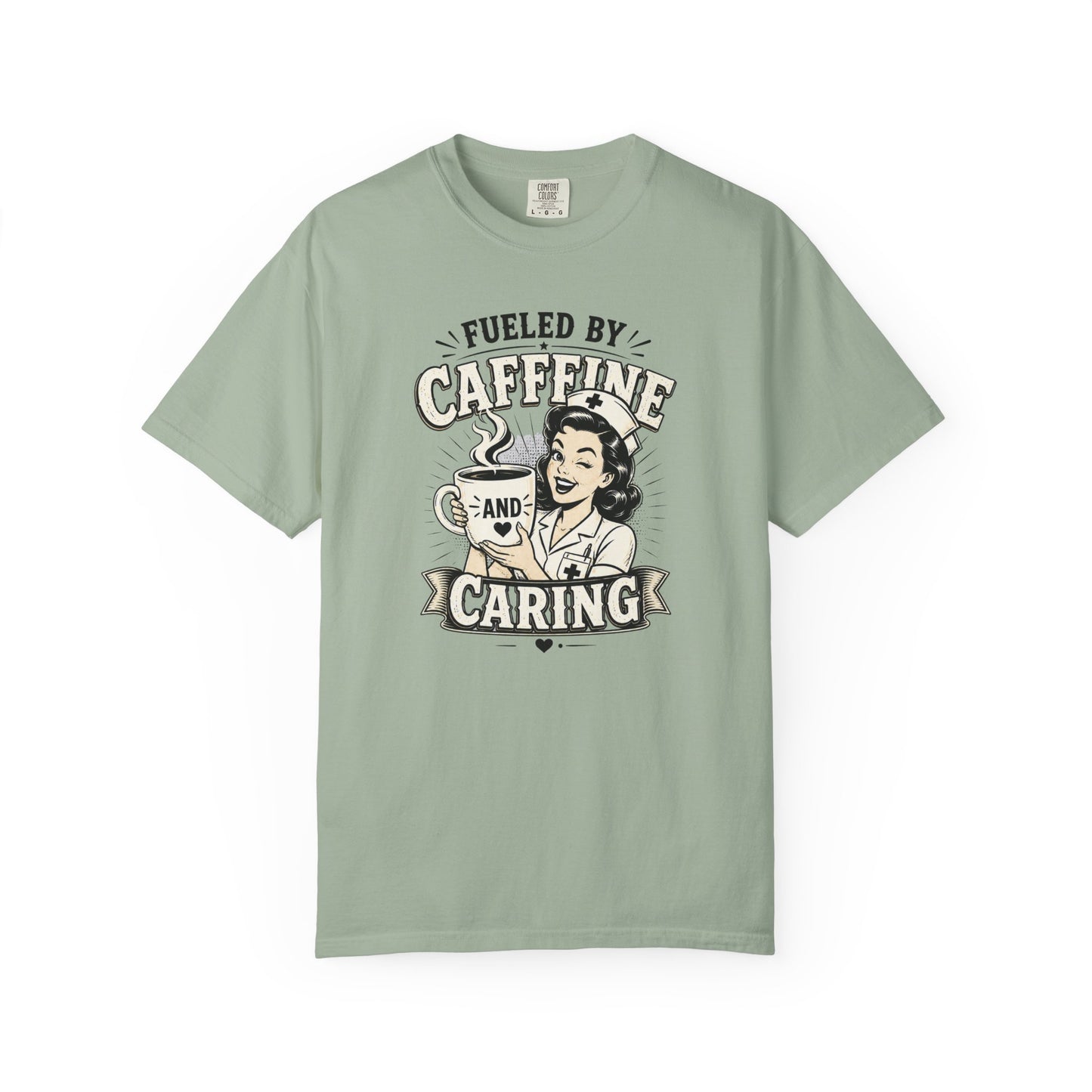 Fueled By Caffeine and Caring T-Shirt | Vintage Nurse Pin-Up Graphic Tee