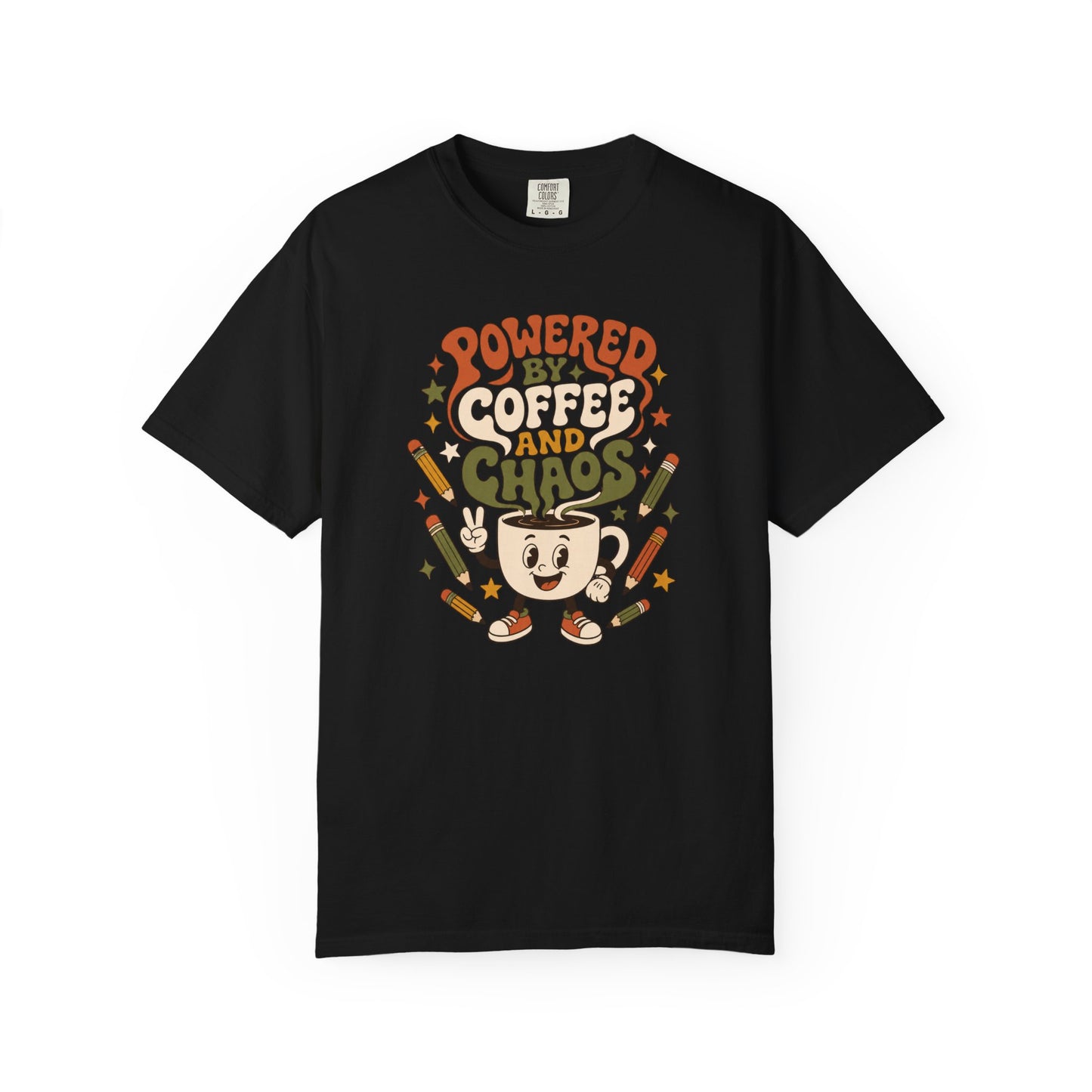 Powered By Coffee and Chaos T-Shirt | Funny Retro Teacher Graphic Tee