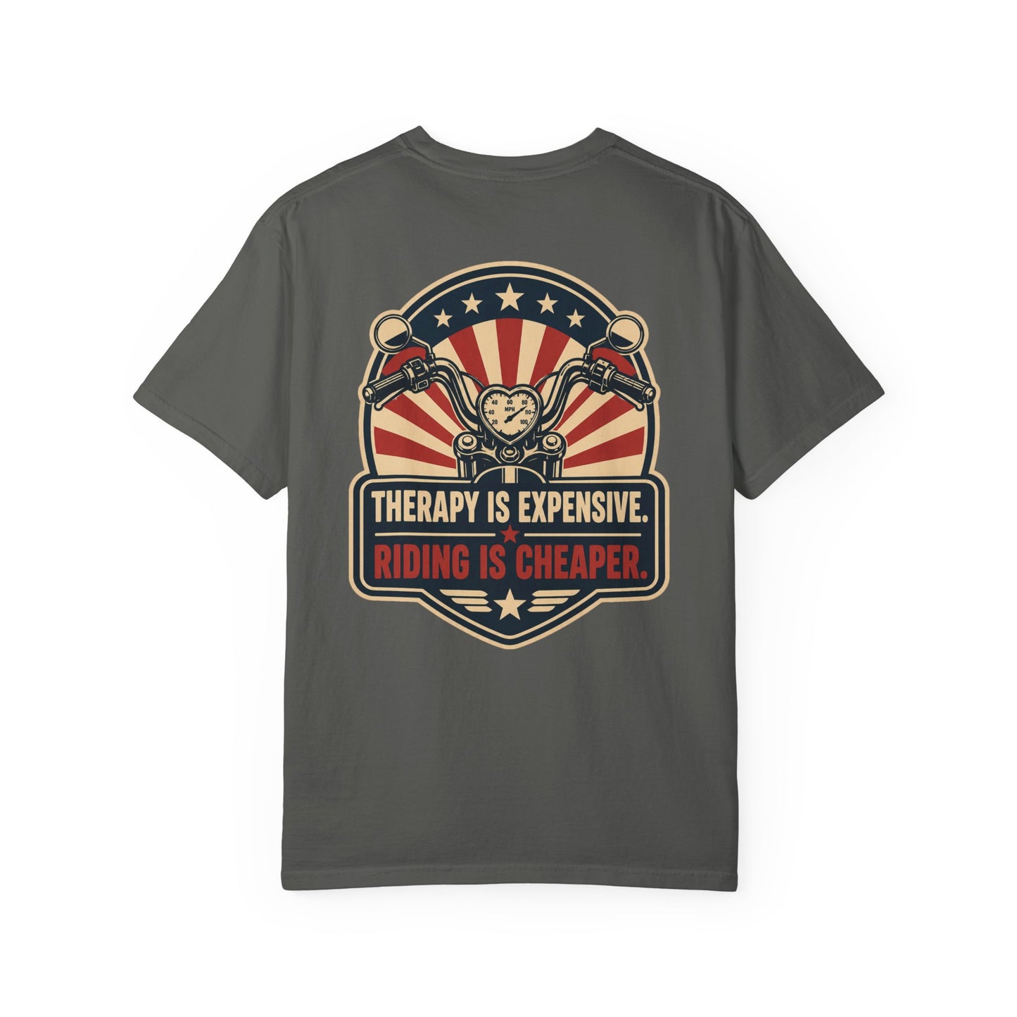 Therapy Is Expensive Riding Is Cheaper T-Shirt | Funny Motorcycle Graphic Tee - Back