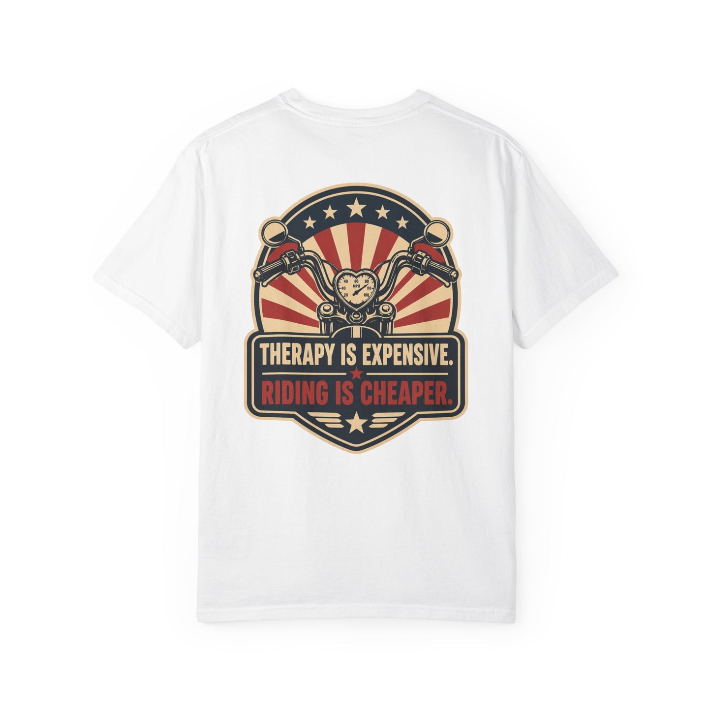 Therapy Is Expensive Riding Is Cheaper T-Shirt | Funny Motorcycle Graphic Tee - Back
