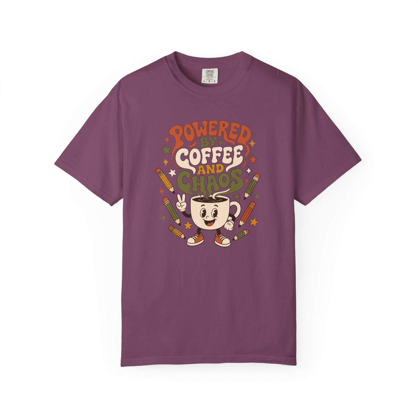 Powered By Coffee and Chaos T-Shirt | Funny Retro Teacher Graphic Tee
