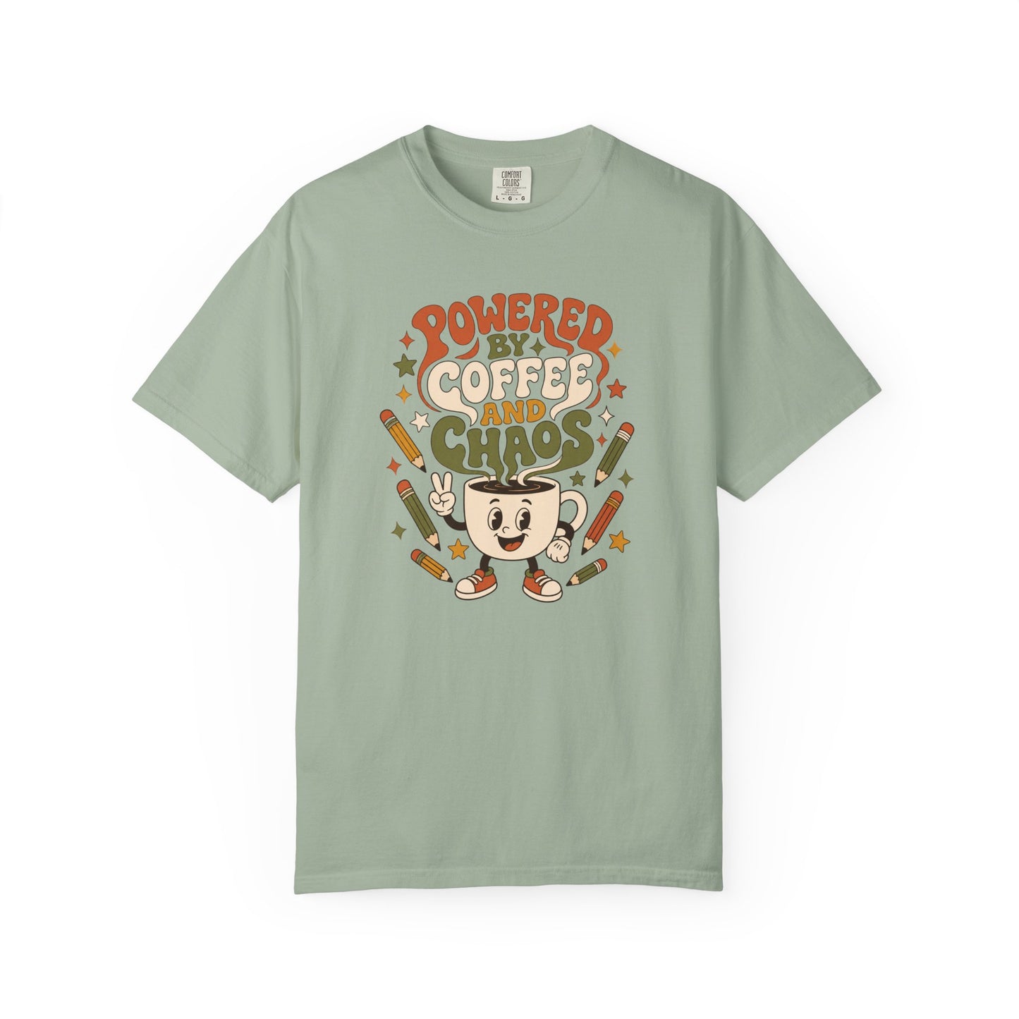 Powered By Coffee and Chaos T-Shirt | Funny Retro Teacher Graphic Tee