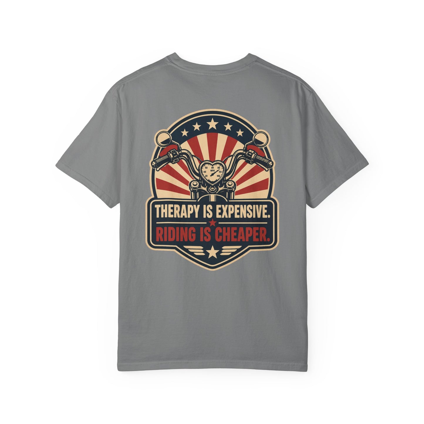 Therapy Is Expensive Riding Is Cheaper T-Shirt | Funny Motorcycle Graphic Tee - Back
