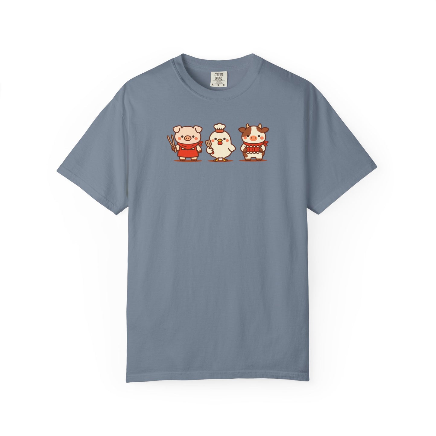 Cute BBQ animal T-shirt featuring a pig, chicken and cow on a blue Comfort Colors tee