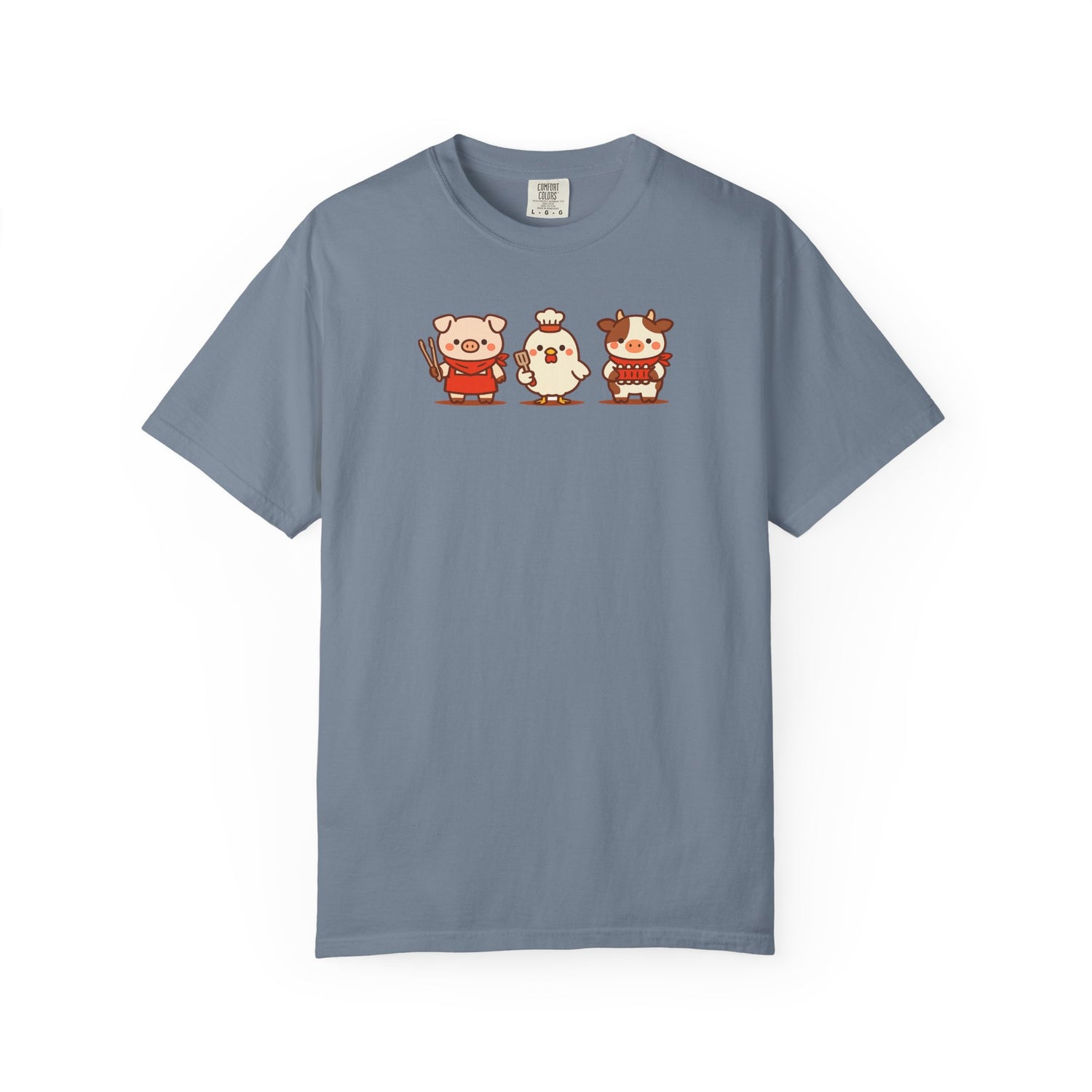 Cute BBQ animal T-shirt featuring a pig, chicken and cow on a blue Comfort Colors tee