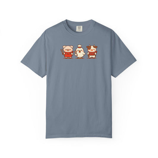 Cute BBQ animal T-shirt featuring a pig, chicken and cow on a blue Comfort Colors tee