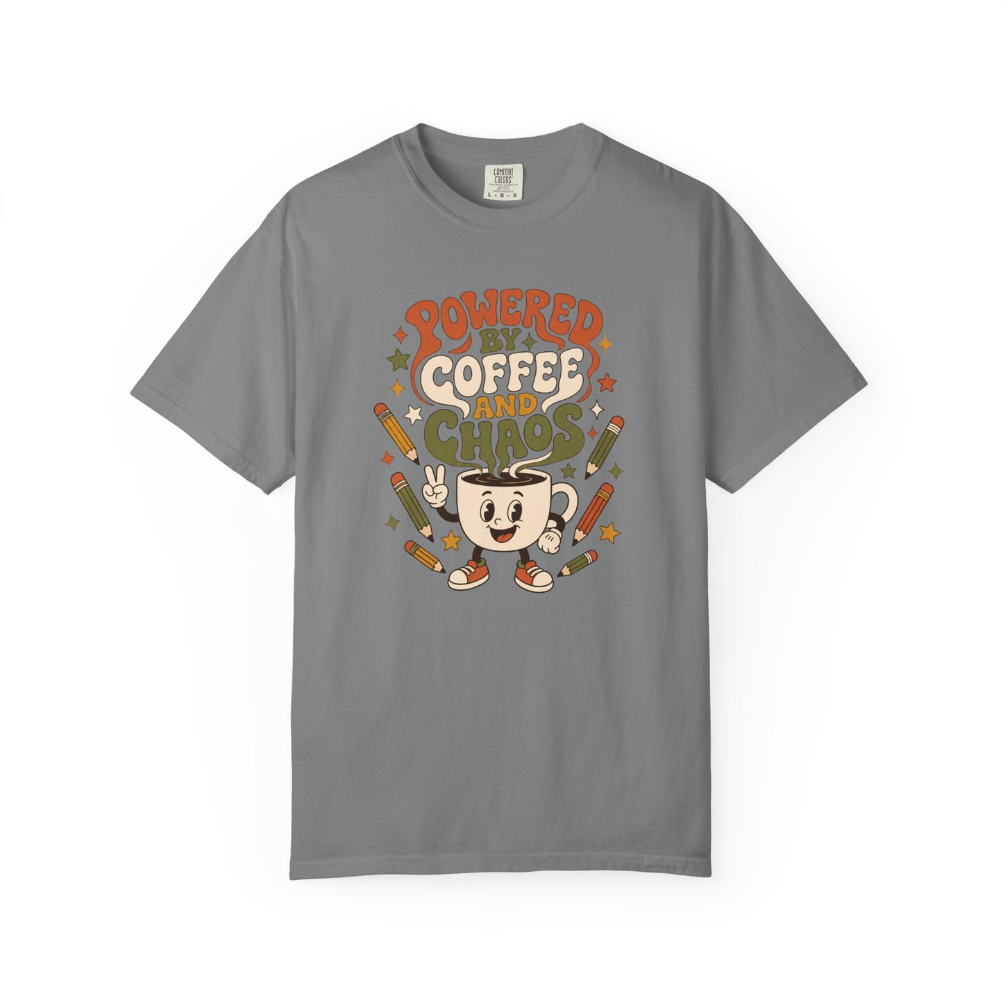 Powered By Coffee and Chaos T-Shirt | Funny Retro Teacher Graphic Tee