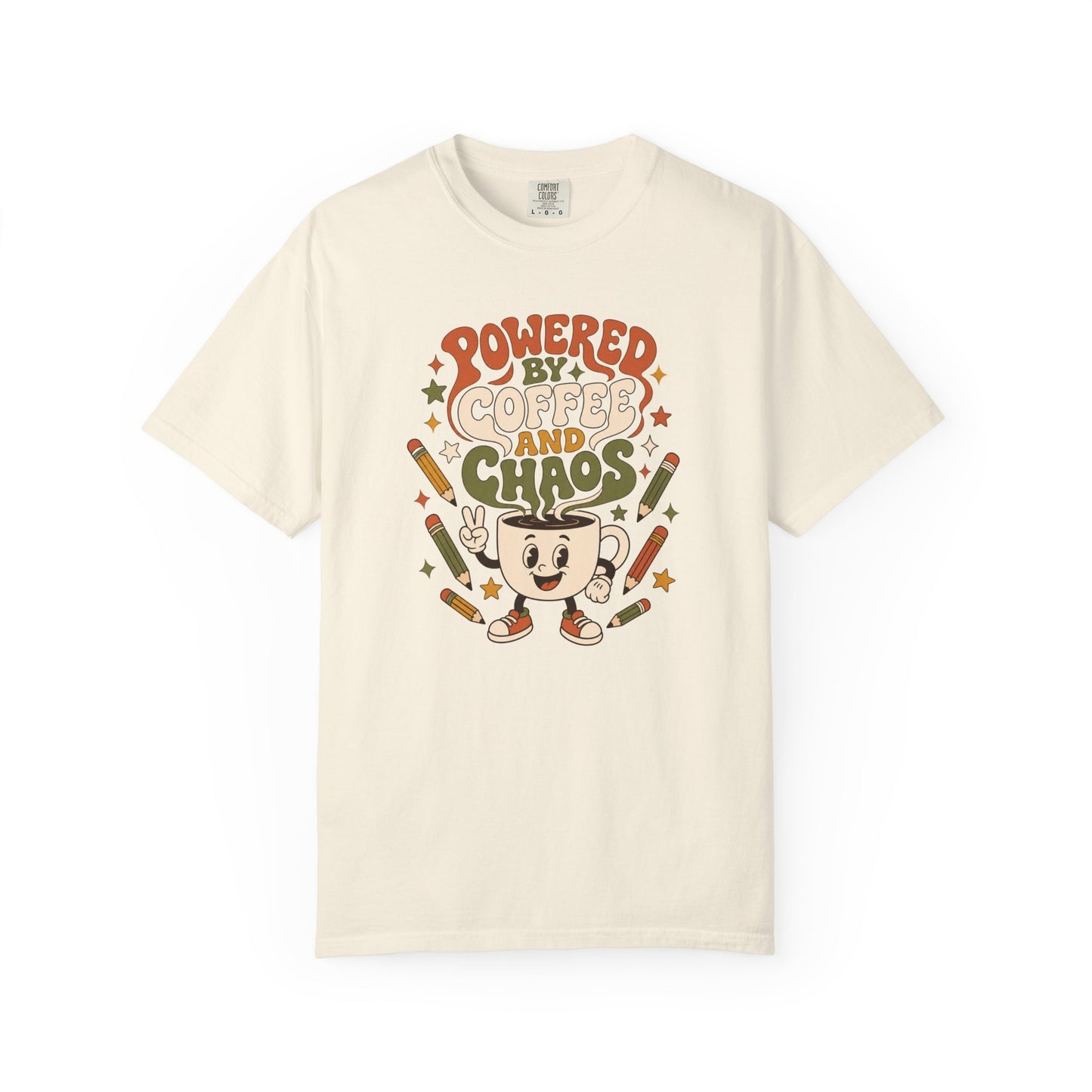 Powered By Coffee and Chaos T-Shirt | Funny Retro Teacher Graphic Tee