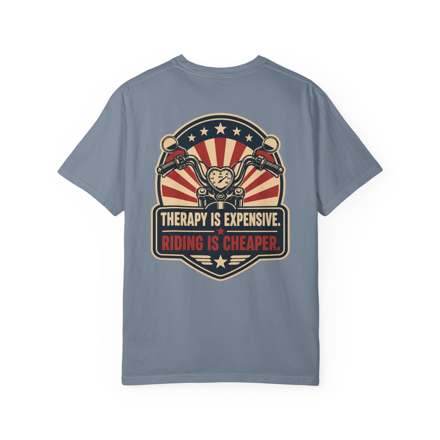 Therapy Is Expensive Riding Is Cheaper T-Shirt | Funny Motorcycle Graphic Tee - Back