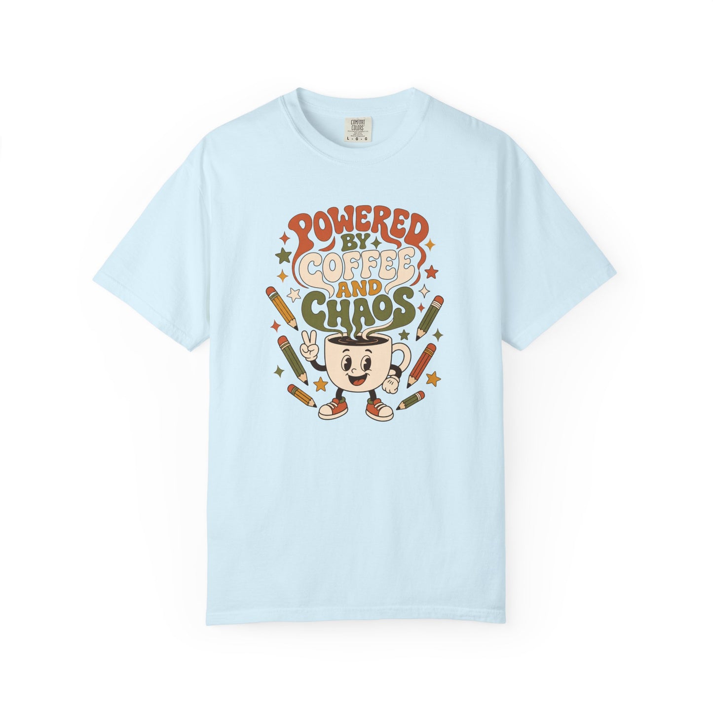 Powered By Coffee and Chaos T-Shirt | Funny Retro Teacher Graphic Tee