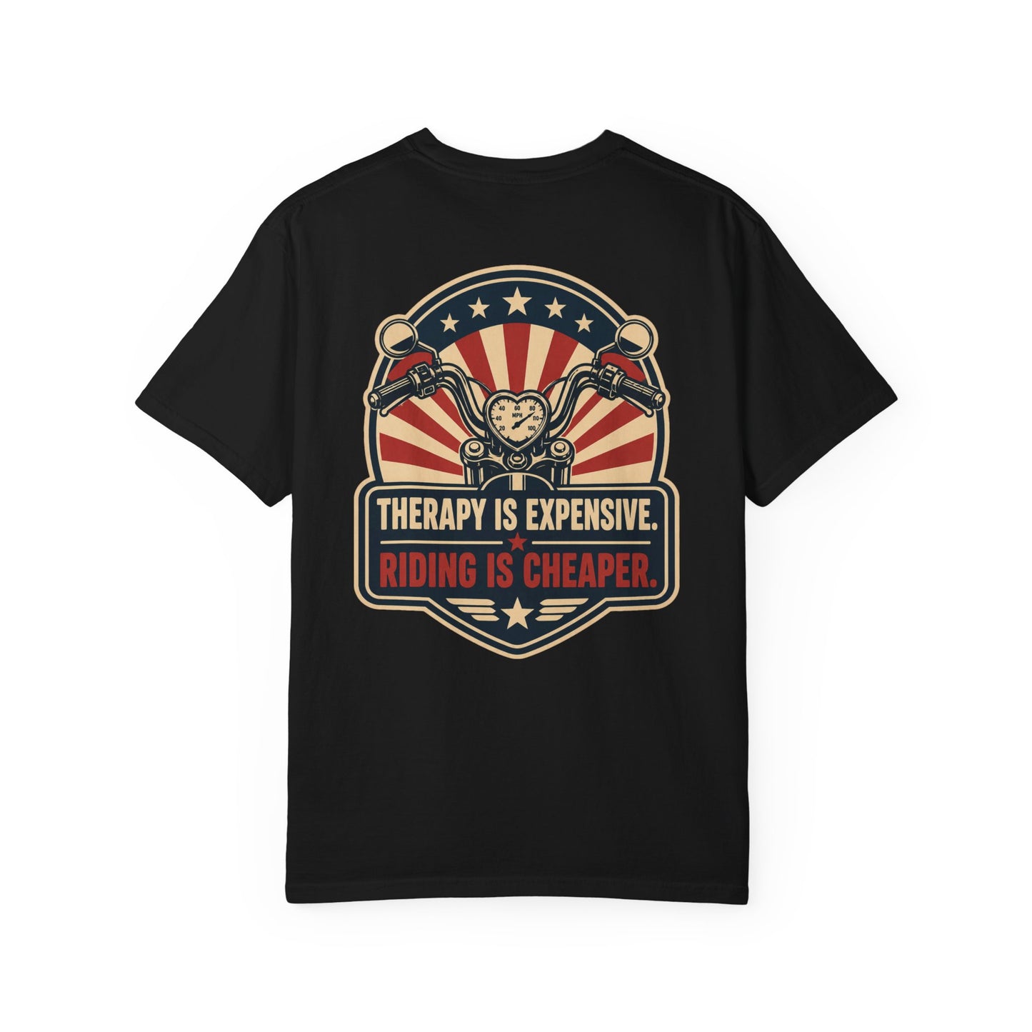 Therapy Is Expensive Riding Is Cheaper T-Shirt | Funny Motorcycle Graphic Tee - Back