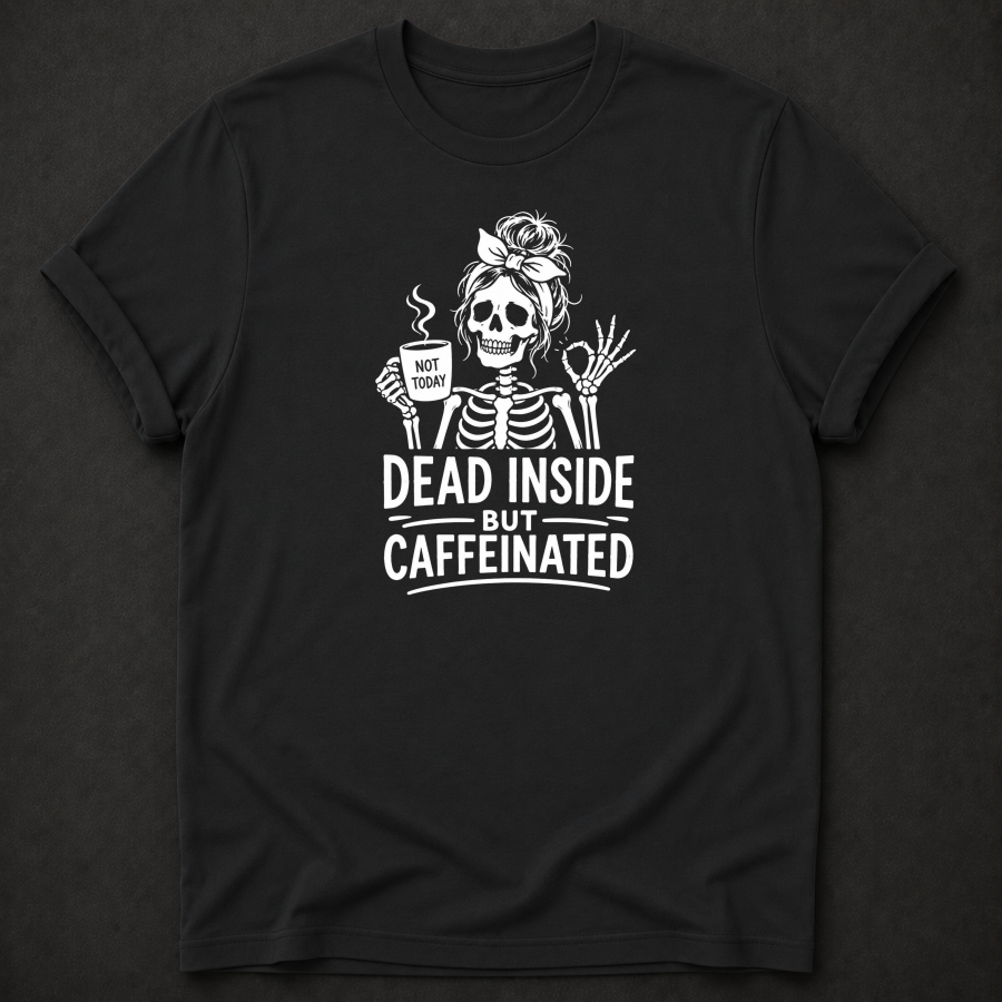 Dead Inside But Caffeinated T-Shirt - Funny Skeleton Coffee Graphic Tee