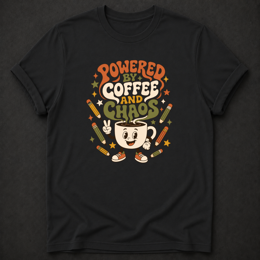Powered By Coffee And Chaos T-Shirt - Funny Retro Teacher Graphic Tee