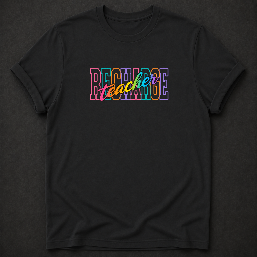 Recharge Teacher T-Shirt - Colorful Retro Teacher Graphic Tee