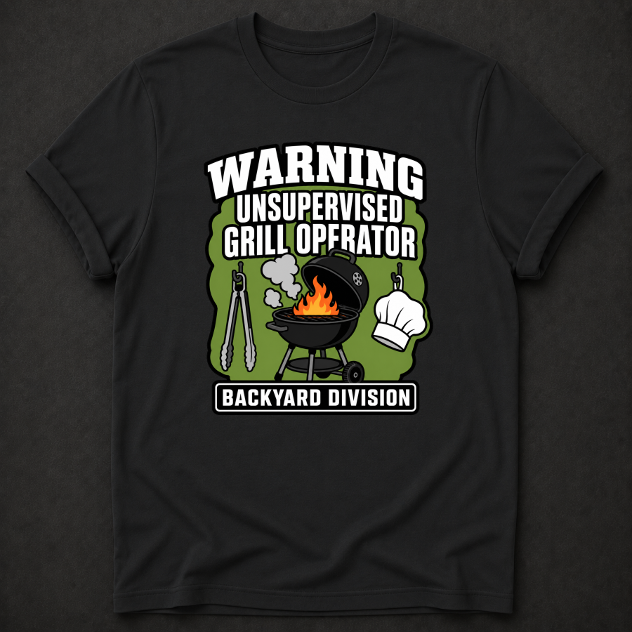 Warning Unsupervised Grill Operator T-Shirt - Funny BBQ Backyard Division Graphic Tee