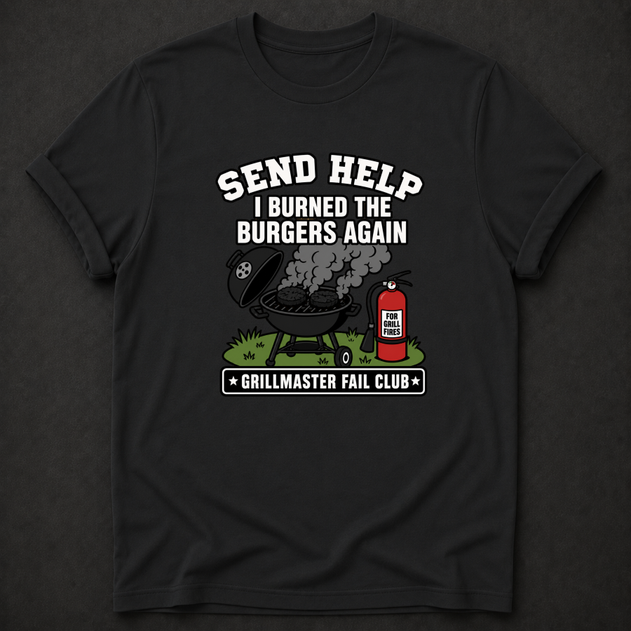 Send Help I Burned The Burgers Again T-Shirt - Funny BBQ Grillmaster Fail Graphic Tee