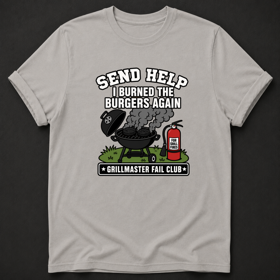 Send Help I Burned The Burgers Again T-Shirt - Funny BBQ Grillmaster Fail Graphic Tee