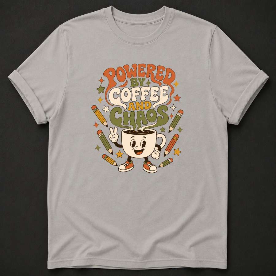 Powered By Coffee And Chaos T-Shirt - Funny Retro Teacher Graphic Tee
