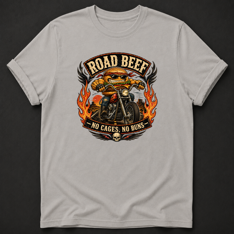 Road Beef No Cages No Buns Tee - funny bison and burger BBQ shirt