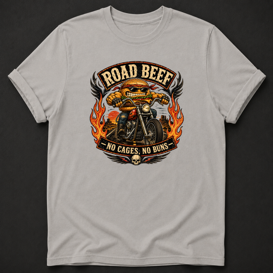 Road Beef No Cages No Buns Tee - funny bison and burger BBQ shirt
