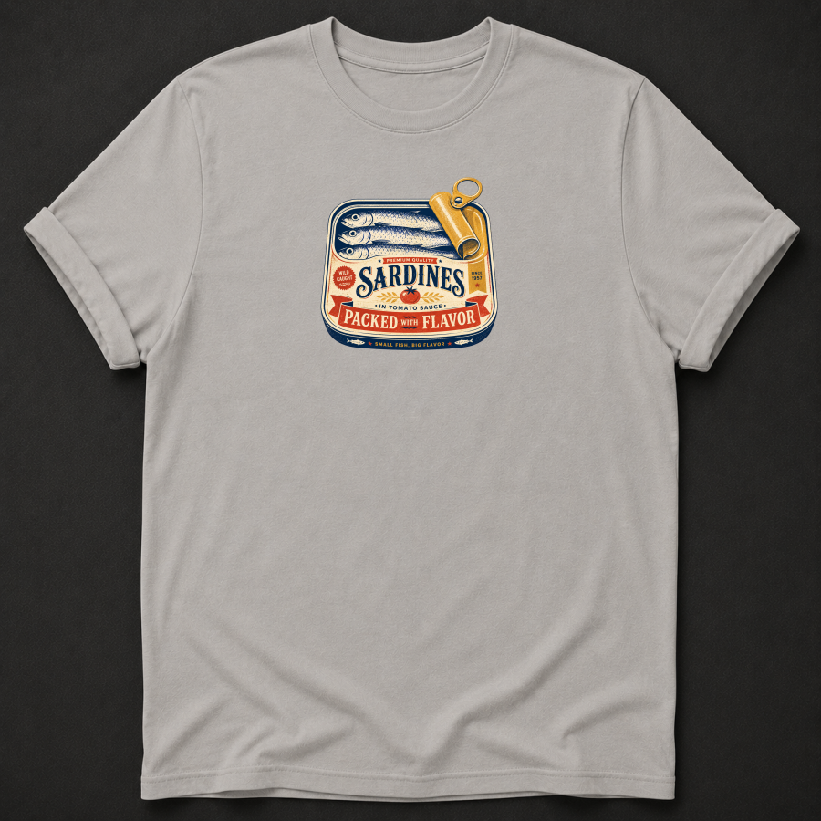 Vintage Sardines "Packed With Flavor" T-Shirt – Retro Canned Fish Foodie Tee