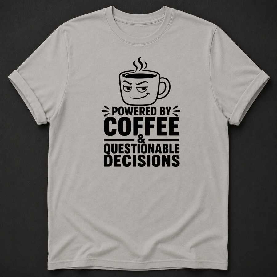 Powered By Coffee & Questionable Decisions T-Shirt - Funny Coffee Graphic Tee
