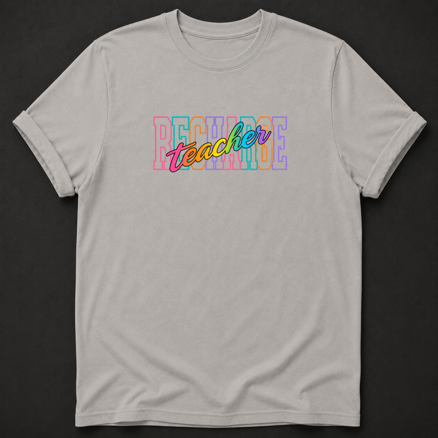 Recharge Teacher T-Shirt - Colorful Retro Teacher Graphic Tee