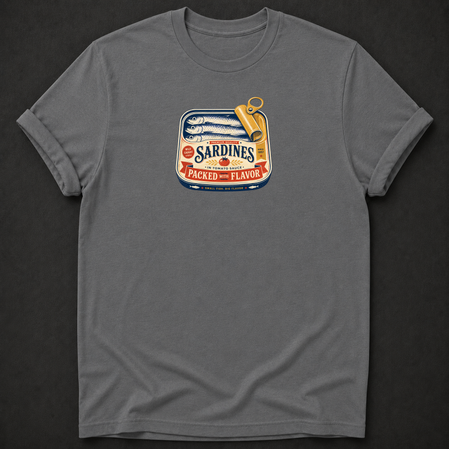 Vintage Sardines "Packed With Flavor" T-Shirt – Retro Canned Fish Foodie Tee