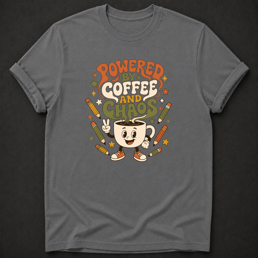 Powered By Coffee And Chaos T-Shirt - Funny Retro Teacher Graphic Tee