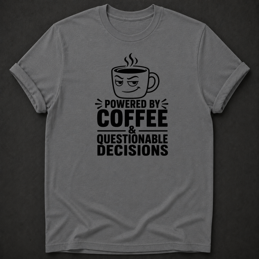 Powered By Coffee & Questionable Decisions T-Shirt - Funny Coffee Graphic Tee