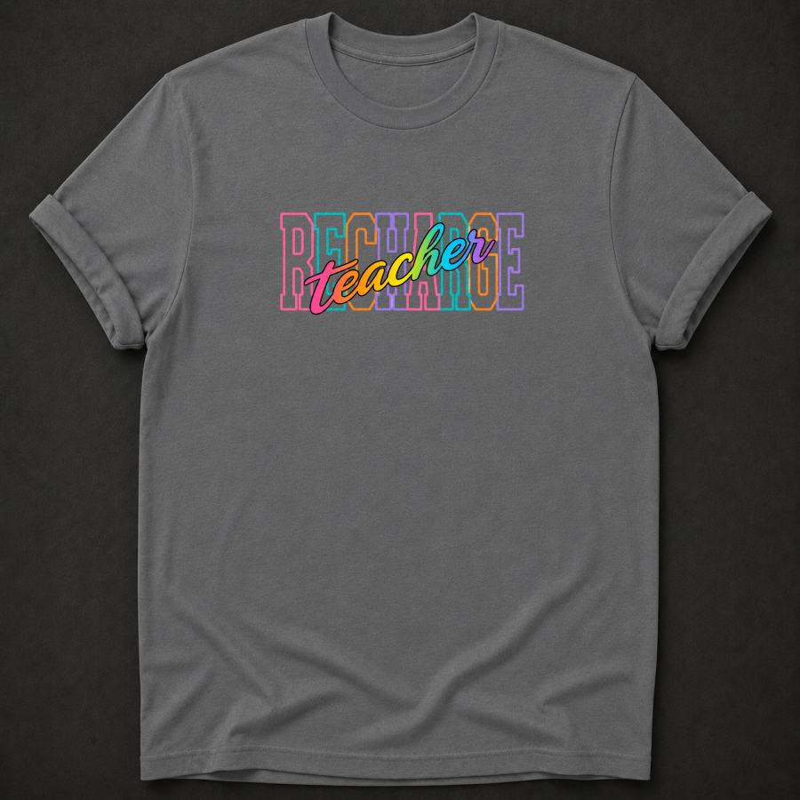 Recharge Teacher T-Shirt - Colorful Retro Teacher Graphic Tee