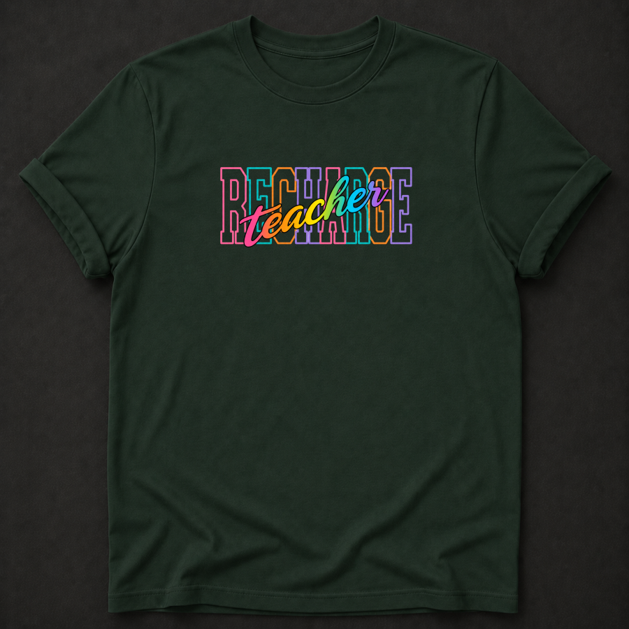 Recharge Teacher T-Shirt - Colorful Retro Teacher Graphic Tee
