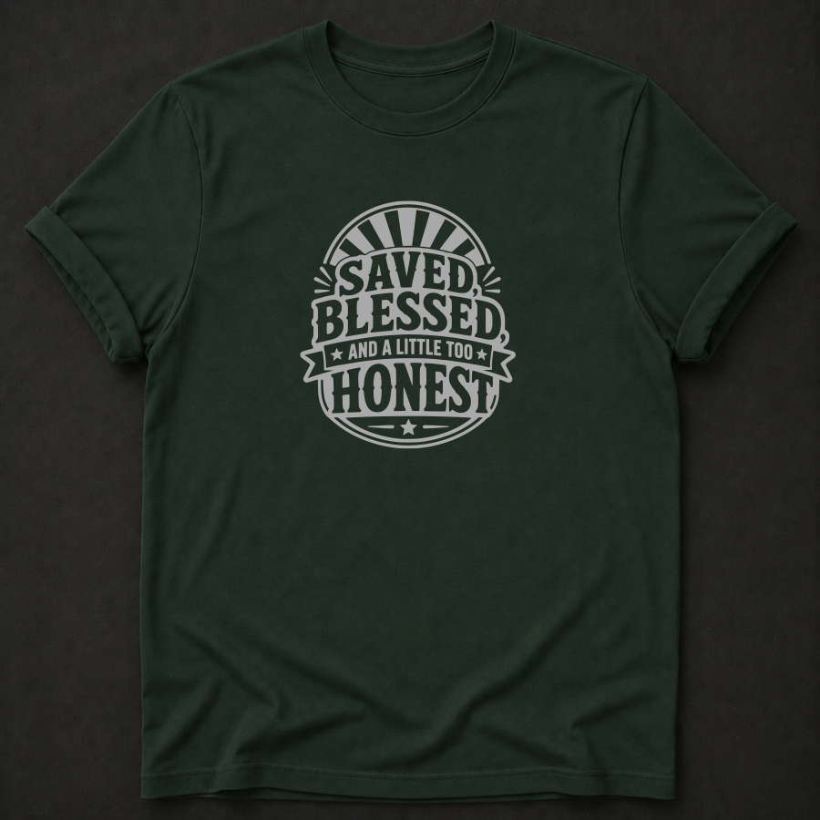Saved Blessed And A Little Too Honest T-Shirt - Funny Christian Faith Graphic Tee
