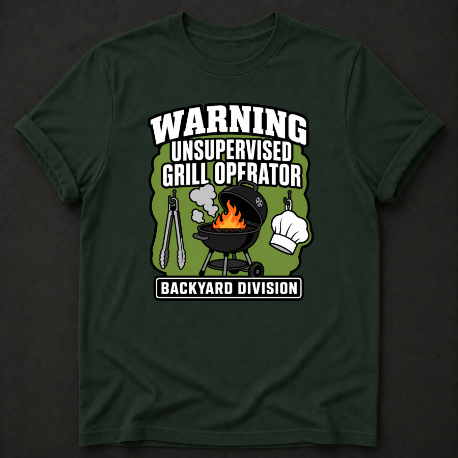 Warning Unsupervised Grill Operator T-Shirt - Funny BBQ Backyard Division Graphic Tee