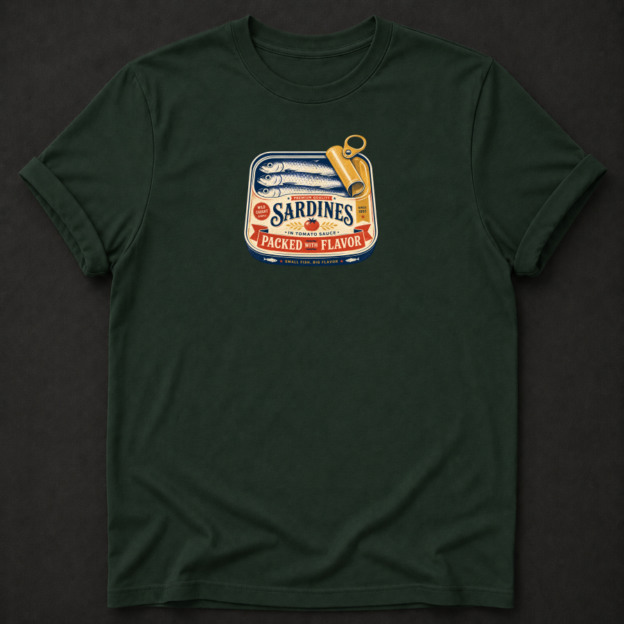 Vintage Sardines "Packed With Flavor" T-Shirt – Retro Canned Fish Foodie Tee