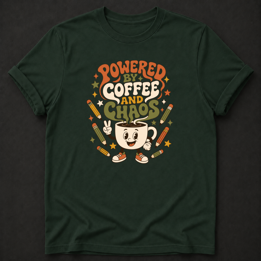 Powered By Coffee And Chaos T-Shirt - Funny Retro Teacher Graphic Tee