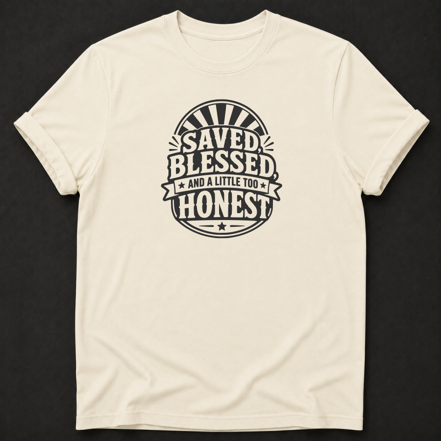 Saved Blessed And A Little Too Honest T-Shirt - Funny Christian Faith Graphic Tee