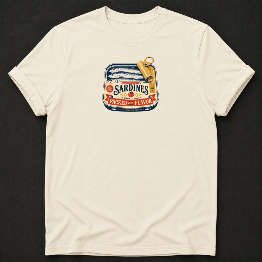 Vintage Sardines "Packed With Flavor" T-Shirt – Retro Canned Fish Foodie Tee