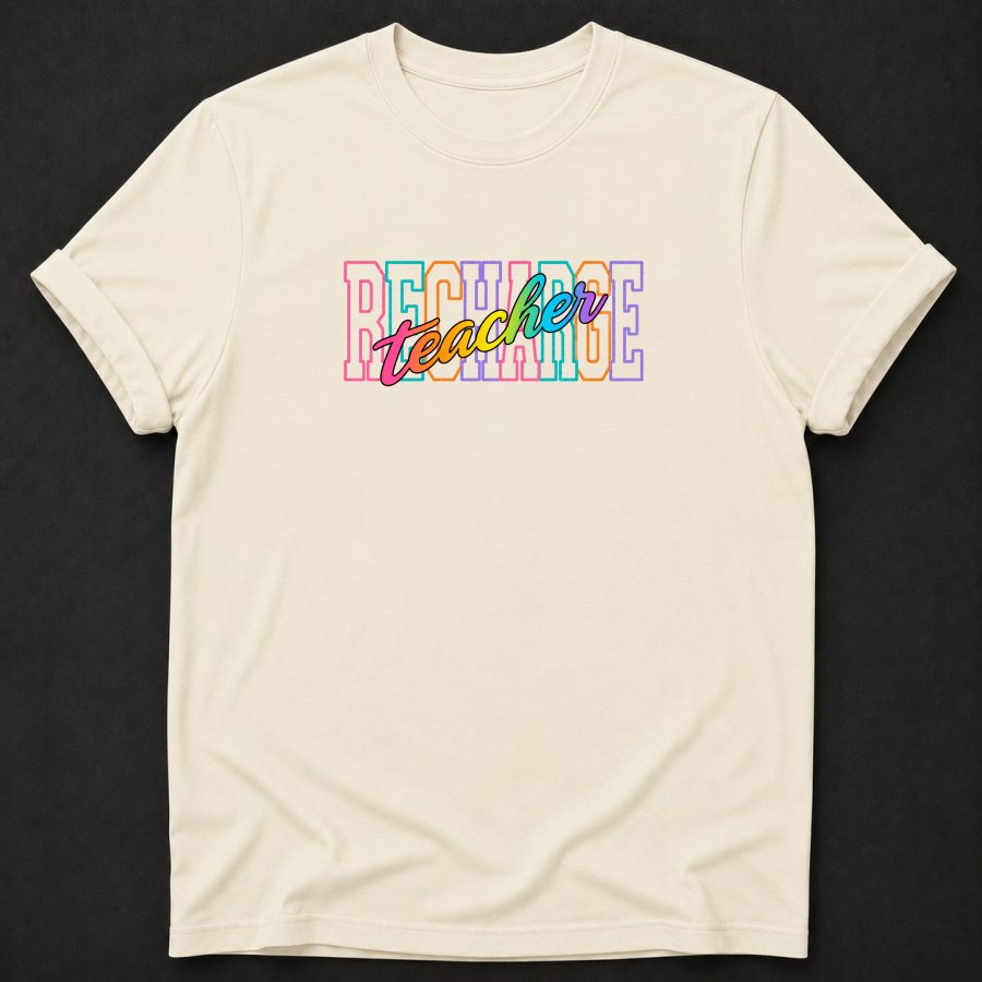 Recharge Teacher T-Shirt - Colorful Retro Teacher Graphic Tee
