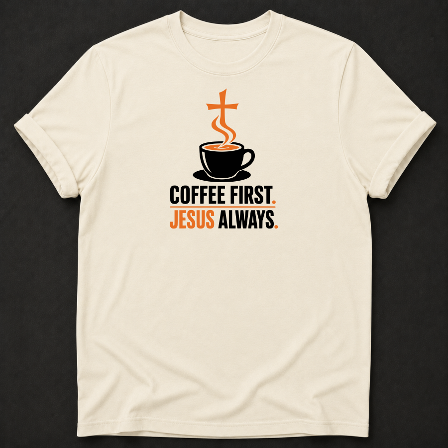Coffee First Jesus Always T-Shirt - Funny Christian Faith Graphic Tee