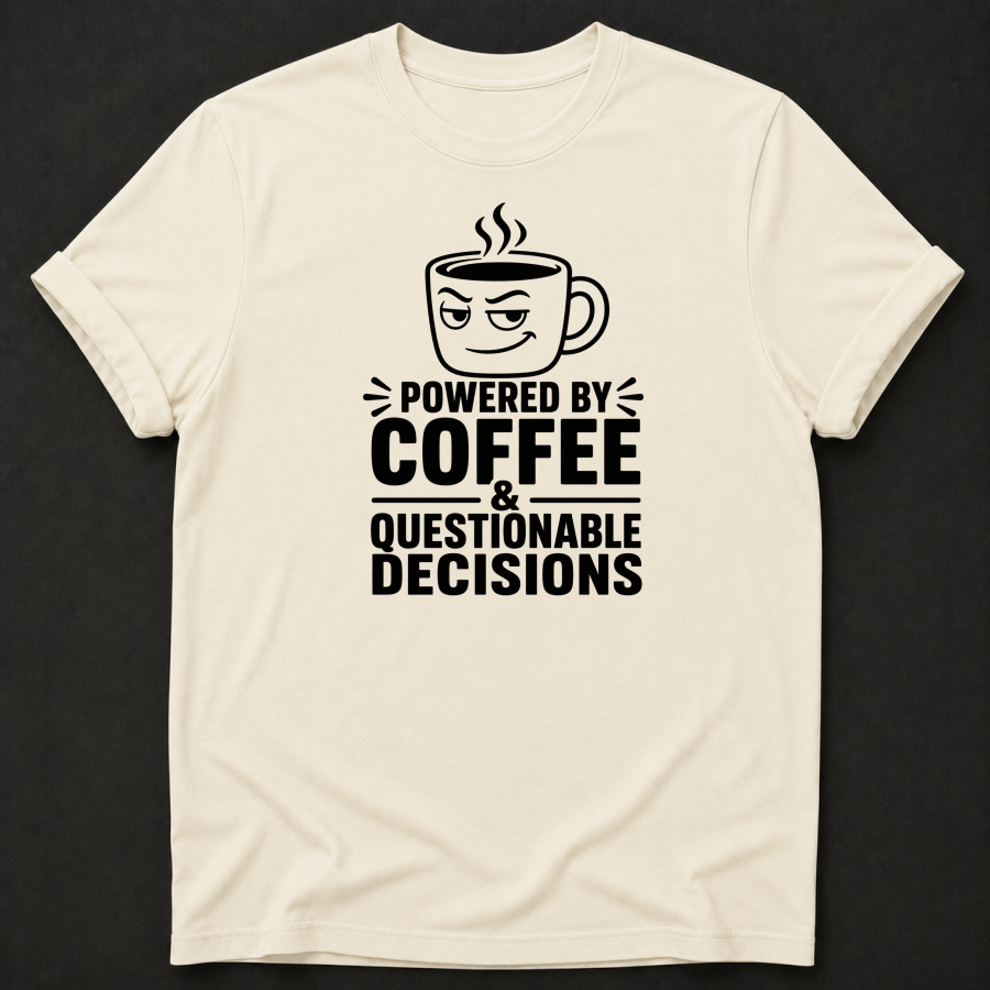 Powered By Coffee & Questionable Decisions T-Shirt - Funny Coffee Graphic Tee