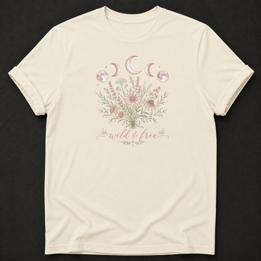Wild & Free T-Shirt - Moon Phase Botanical Graphic Tee