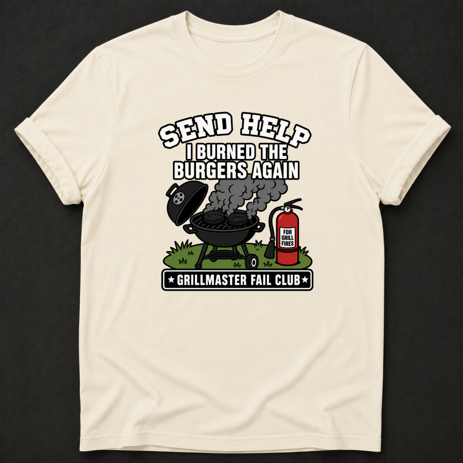 Send Help I Burned The Burgers Again T-Shirt - Funny BBQ Grillmaster Fail Graphic Tee