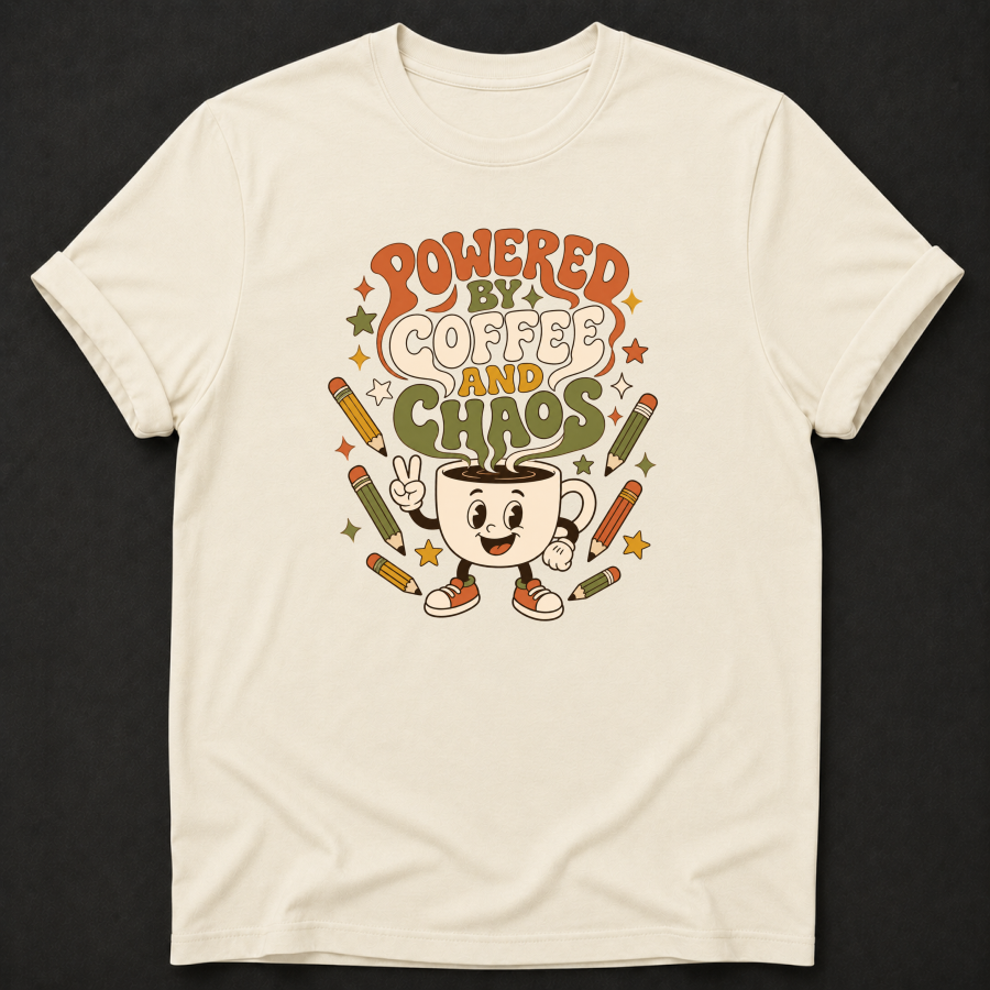 Powered By Coffee And Chaos T-Shirt - Funny Retro Teacher Graphic Tee